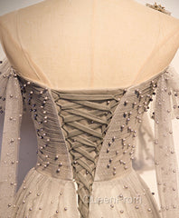 Gray Tulle One Shoulder Long Evening Prom Dresses, Gray Evening Graduation Dresses with Beading