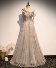 Gray Tulle One Shoulder Long Evening Prom Dresses, Gray Evening Graduation Dresses with Beading