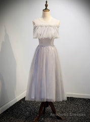 Gray Tulle Scoop Sequins Tea Length prom Dress