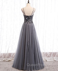 Gray Tulle Sequin Long Evening Prom Dresses, Gray Tulle Evening Dresses with Beading Sequin