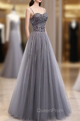 Gray Tulle Sequin Long Evening Prom Dresses, Gray Tulle Evening Dresses with Beading Sequin