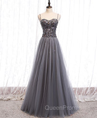 Gray Tulle Sequin Long Evening Prom Dresses, Gray Tulle Evening Dresses with Beading Sequin