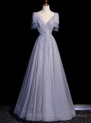 Gray Tulle Sequins Beading V-neck Prom Dress
