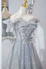 Gray Tulle Sequins Long A-Line Evening Prom Dresses, Off the Shoulder Graduation Dresses