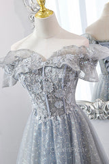 Gray Tulle Sequins Long A-Line Evening Prom Dresses, Off the Shoulder Graduation Dresses