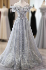 Gray Tulle Sequins Long A-Line Evening Prom Dresses, Off the Shoulder Graduation Dresses