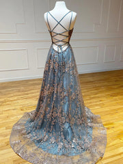 Gray Tulle Sequins Long Evening Prom Dresses, A-Line Spaghetti Straps Evening Dresses