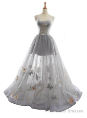 Gray V-neck Tulle Backless Butterfly Floor Length Wedding Dress