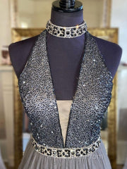 Gray v neck tulle beads long Evening Prom Dresses, gray tulle formal Dresses