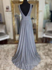 Gray v neck tulle sequin long Evening Prom Dresses, gray evening Dresses