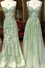 Green A Line Applique Mermaid Lace Long Evening Prom Dresses