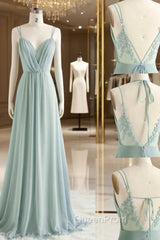 Green A line Chiffon Lace Long Evening Prom Dresses, Lace Bridesmaid Dresses