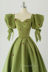 Green A-Line Long Evening Prom Dresses Strawberry Lace, Lovely Short Sleeve Evening Dresses