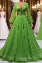 Green A Line Long Evening Prom Dresses, V Neck Green Tulle Long Formal Evening Dresses