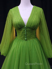 Green A Line Long Evening Prom Dresses, V Neck Green Tulle Long Formal Evening Dresses