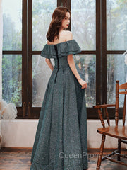 Green A Line Off Shoulder Long Evening Prom Dresses, Green Bridesmaid Dresses