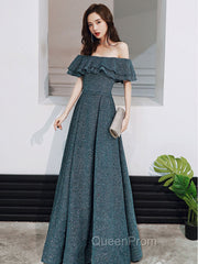 Green A Line Off Shoulder Long Evening Prom Dresses, Green Bridesmaid Dresses