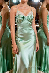 Green A Line Satin Long Evening Prom Dresses with Pleated