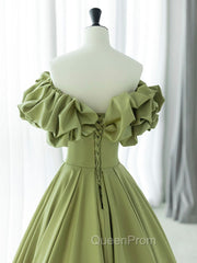 Green A-Line Satin Long Evening Prom Dresses, Green Evening Dresses
