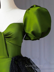 Green A-Line Satin Sweetheart Short Sleeves Party Dresses, Green Long Evening Prom Dresses