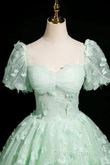 Green A-Line Tulle Beaded Sequin Long Evening Prom Dresses, Beautiful 3D Butterfly Evening Dresses
