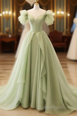 Green A Line Tulle Long Evening Prom Dresses V Neck Long Formal Dresses
