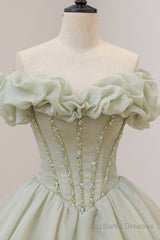 Green A-Line Tulle Long Prom Dress with Beaded, Off the Shoulder Evening Dress