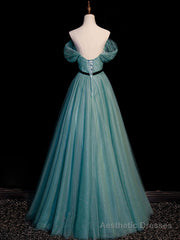 Green A line Tulle Sequin Long Prom Dress, Green Tulle Graduation Dress