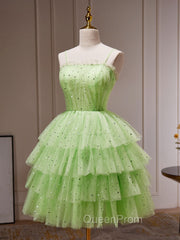 Green A-Line Tulle Short Evening Prom Dresses, Green Homecoming Dresses
