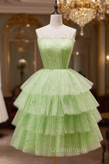 Green A-Line Tulle Short Evening Prom Dresses, Green Homecoming Dresses