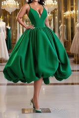 Green Ball Gown Satin Short Evening Prom Dresses, Green Satin Evening Dresses