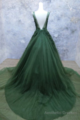 Green Beaded and Lace V-neckline Low Back Long Party Dresses, Green Evening Dress Party Dresses