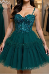 Green Beaded Lace Short Evening Prom Dresses with Straps, Short Green Lace Formal Graduation Homecoming Dresses with Beading