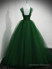 Green Beaded Tulle Off Shoulder Long Party Dress, Green Tulle A-line Prom Dress