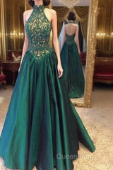 Green High Neck Long Evening Prom Dresses, Green Evening Dresses