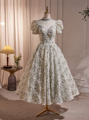 Green High Neck Puff Sleeve Beading Prom Dress