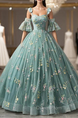 Green Lace Long A-Line Evening Dresses, Spaghetti Strap Evening Gown