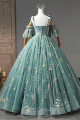 Green Lace Long A-Line Evening Dresses, Spaghetti Strap Evening Gown