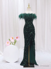 Green Mermaid Sequins One Shoulder Feather Prom Dress