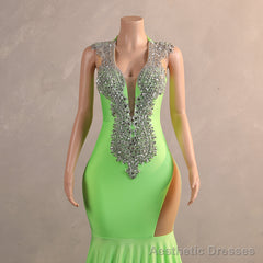 Green Mermaid V-NECK Prom Dresses Sequined Open Back Sleeveless Lace Crystal Formal Evening Party Gowns