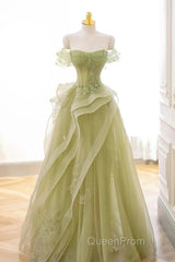 Green Off Shoulder Lace Long Evening Prom Dresses, Green Formal Dresses