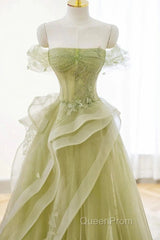 Green Off Shoulder Lace Long Evening Prom Dresses, Green Formal Dresses