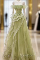 Green Off Shoulder Lace Long Evening Prom Dresses, Green Formal Dresses