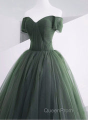 Green Off Shoulder Tulle Sweetheart Long Party Dresses, Green Tulle Evening Dresses Evening Prom Dresses