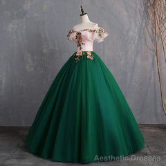 Green Off Shoulder Tulle with Lace Formal Gown, Green Evening Sweet 16 Dresses