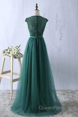 Green Evening Prom Dresses Scoop Tulle & Lace With Sash A Line Sweep Train Floor Length Elegant