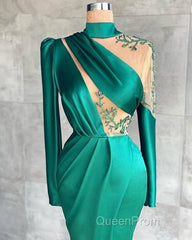 Green Robe De Soiree Sheath Long Sleeves Satin Beaded Slit Sexy Long Evening Prom Dresses Evening Prom Gown Evening Dresses
