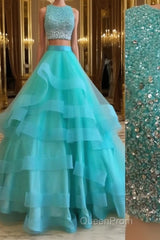 Green Round Neck 2 Pieces Beaded Sequins Tulle Long Evening Prom Dresses, Green 2 Pieces Formal Dresses, Green Evening Dresses