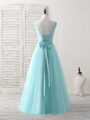 Green Round Neck Lace Tulle Long Prom Dress, Evening Dress