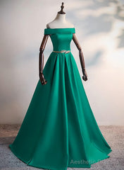 Green Satin A-line Long Off Shoulder Simple Prom Dress, Green Formal Dress Evening Dress